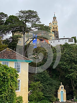 Vertical shot of the buildings of Portmeirion tourist village in Gwynedd, North Wales, UK