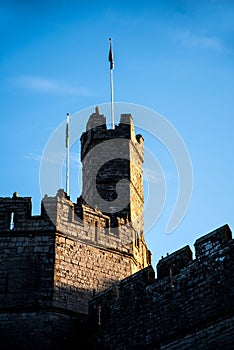 Vertical shot of the Caernarfon Castle against the blue sky in Wales