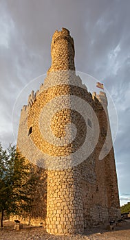 Vertical shot of the castle of Alcala del Jucar, Castilia la Mancha, Spain
