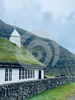 Vertical shot of a church in Saksun, Faroe Islands