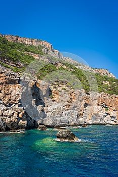 Vertical shot of a cliff with green plants on it on the Aegean Sea coast