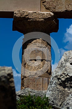 Vertical shot of a column of Temple E at Selinus in Sicily, also known as the Temple of Hera. Italy.