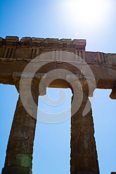 Vertical shot of columns of Temple E at Selinus in Sicily, also known as the Temple of Hera. Italy.