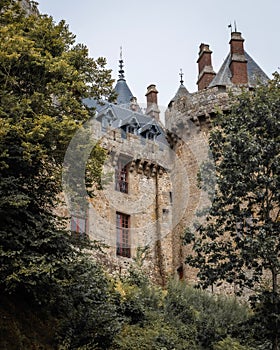 Vertical shot of Combourg castle behind trees in France