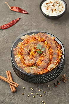 Vertical shot of the delicious bowl of shrimp biriyani