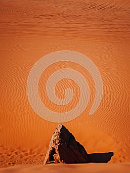 Vertical shot of a desert with golden sand ripples and a large rock - background, wallpaper