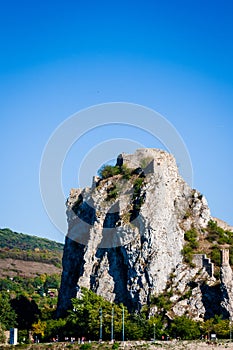 Vertical shot of the Devin castle ruins in Bratislava, Slovakia under a clear sky backgrp