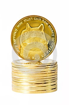 Vertical shot of a digital dog coin on a bunch of golden coins isolated on a white background