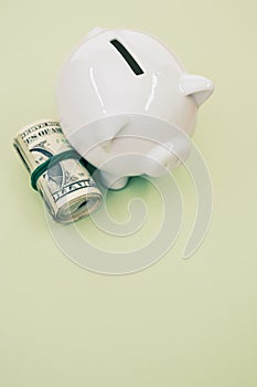Vertical shot of dollar bills and a piggy bank on a green surface