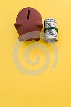 Vertical shot of dollar bills and a piggy bank on a yellow surface