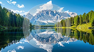 Vertical shot of the Dolomites mountain reflected in the waters of lake Lago Federa on a sunny day photo
