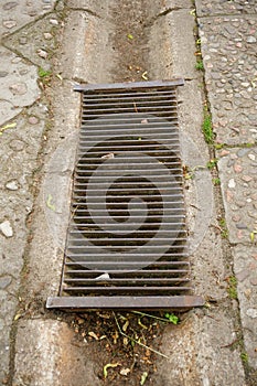 Vertical shot of drainage grates along the road