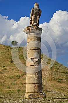 Vertical shot of the eagle-topped column in Karakus Tumulus, Turkey