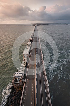 Vertical shot of Eastern Scheldt Storm Surge Barrier. Oosterscheldekering, the Netherlands.