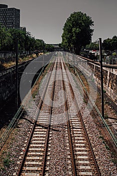 Vertical shot of empty train tracks on a sunny day