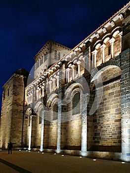 Vertical shot of the exterior of Abbatiale Saint Austremoine Romanesque church in Issoire, France