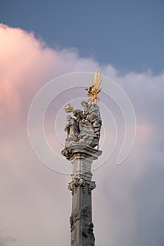 Vertical shot of the famous statue in unity square in Timisoara City, Romania
