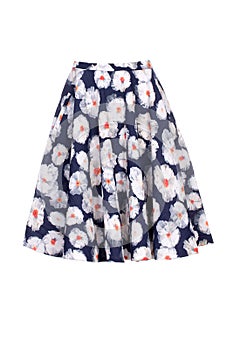 Vertical shot of the fashionable blue skirt with white flowers isolated on a white background