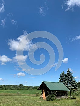 Vertical shot of a field with a wooden small house and blue sky in the background