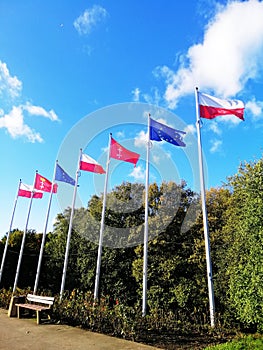 Vertical shot of the flags of Poland, EU, and Danzig in a park in Westerplatte, Poland
