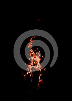 Vertical shot of flames in the darkness
