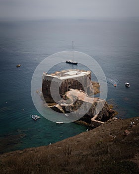 Vertical shot of the Fort of the Berlengas in Oeste, Portugal
