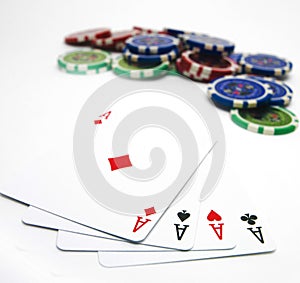 Vertical shot of four aces and gambling chips