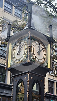 Vertical shot of the Gastown Steam Clock. Vancouver, Canada