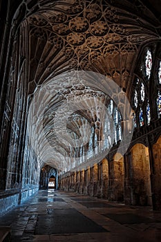 Vertical shot of the Gloucester Cathedral Cloisters with gothic architecture,  England