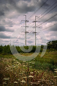 Vertical shot of grassland with new high-tech electricity poles in the Netherlands (Benthuizen)