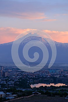 Vertical shot of Greater Ararat at sunset. Yerevan, Armenia.