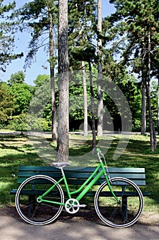 Vertical shot of a green cruiser bike next to a grey wooden bench in a park during the day