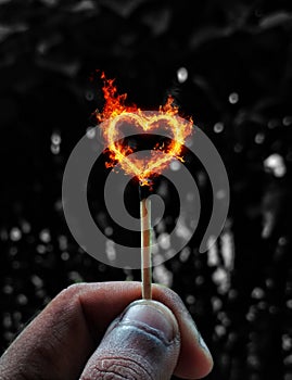 Vertical shot of a hand holding a match with burning heart-shaped fire