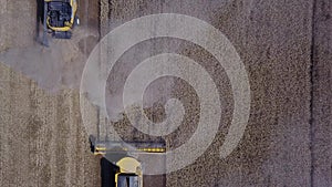 Vertical shot of harvesters which going in field and harvesting grain of wheat for sale after 4K