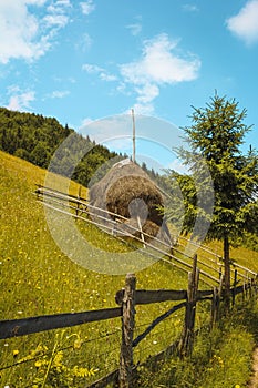 Vertical shot of a haybale located in a grass field on the slope of a hill