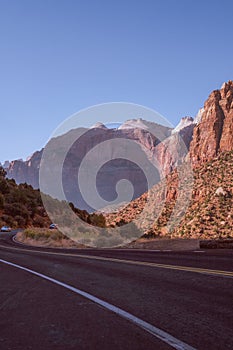 Vertical shot of a highway road in the middle of a natural canyon in Coconino County, Arizona photo