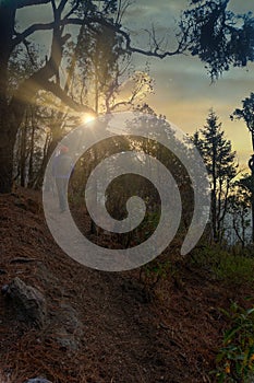 Vertical shot of a Hispanic hiker on a trail on mount Tlaloc in Mexico