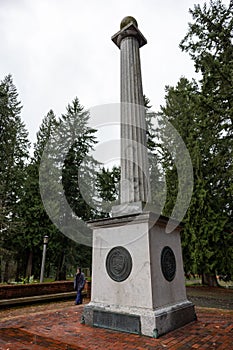 Vertical shot of the historic Lewis and Clark Column in Washington Park, Portland