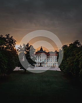 Vertical shot of the historic Palace Rogalin at sunset in Poland