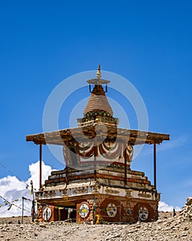 Vertical shot of the historic Tibetan Buddhist holy site Ghar Gumba Monastery in the Himalayas