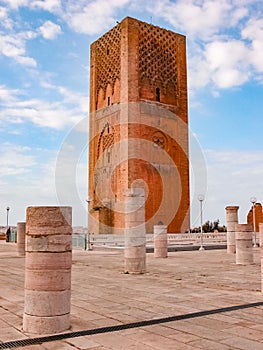 Vertical shot of the historical landmark of Tour Hassan tower in Rabat, Morocco