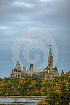 Vertical shot of historical Parliament Hill building in Ottawa, Canada on blue sky background