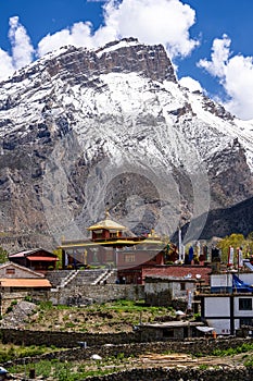 Vertical shot of Holy Buddhist Hindu site of Muktinath in Upper Mustang, Nepal