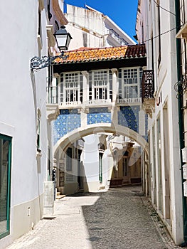 Vertical shot of The House of the Arch decorated by beautiful patterns in Leiria, Portugal