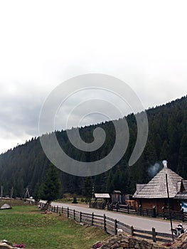 Vertical shot of a house near a hill with green trees with a cloudy sky above