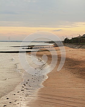 Vertical shot of an idyllic sandy beach at sunset