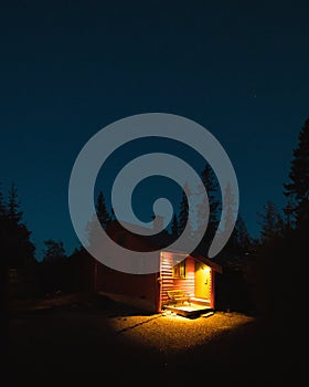 Vertical shot of an illuminated cabin in a forest surrounded by a lot of trees at night in Norway