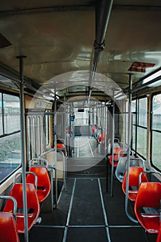 Vertical shot of the inside of an empty bus