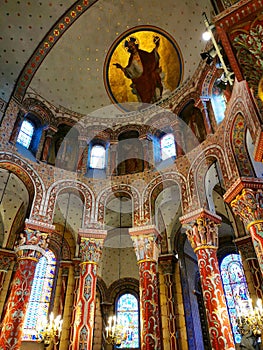 Vertical shot of the interior of Abbatiale Saint Austremoine Romanesque church in Issoire, France