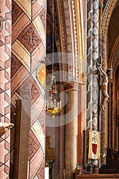 Vertical shot of the interior of the Saint Maur church in Martel, Lot, France